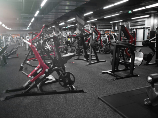 Modern equipment in new gym indoors