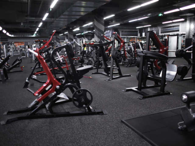 Modern equipment in new gym indoors
